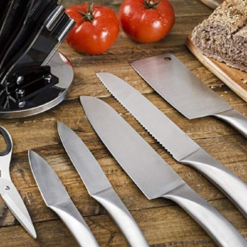 8-Pieces Silver Stainless Steel Knife Set with 360° Rotating Block