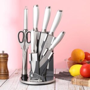 8-Pieces Silver Stainless Steel Knife Set for Kitchen with Sharpener and 360° Rotating Block (Silver)