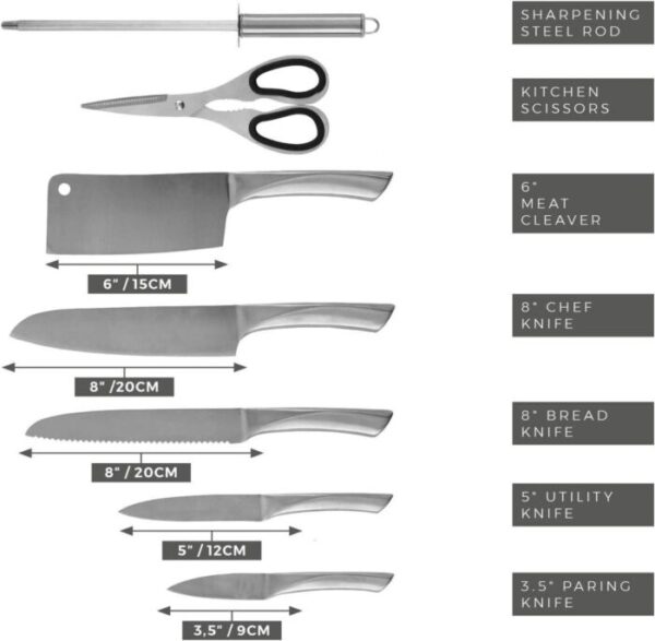 8-Pieces Silver Stainless Steel Knife Set with 360° Rotating Block (Silver)