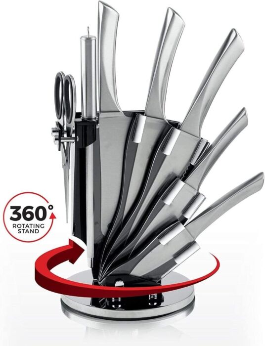 8-Pieces Silver Stainless Steel Knife Set with 360° Rotating Block (Silver)