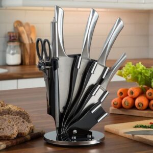 8-Pieces Silver Stainless Steel Knife Set with 360° Rotating Block (Silver)