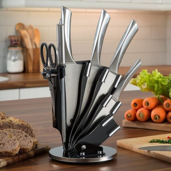 8-Pieces Silver Stainless Steel Knife Set with 360° Rotating Block (Silver)