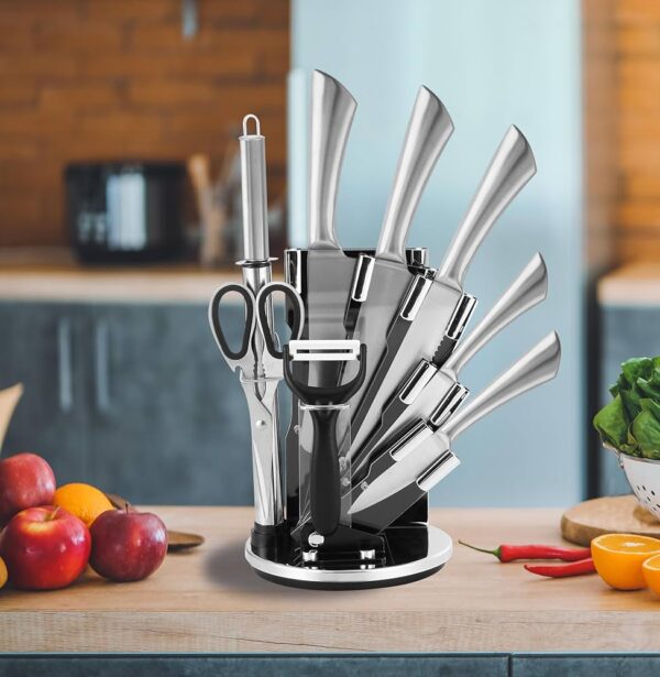 8-Pieces Silver Stainless Steel Knife Set with 360° Rotating Block (Silver)