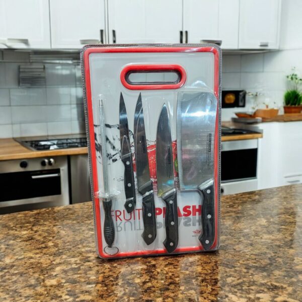 6 IN 1 KITCHEN SET-CUTTING BOARD + 4 PCS KNIFE + KNIFE SHARPENER.