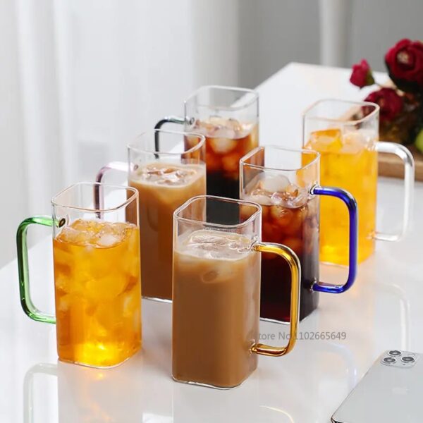 Multicolor Imported Square Glass Cup With Lid & Straw 400ML