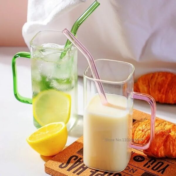 Multicolor Imported Square Glass Cup With Lid & Straw 400ML
