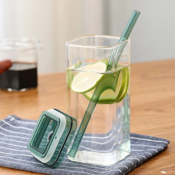 Multicolor Imported Square Glass Cup With Lid & Straw 400ML