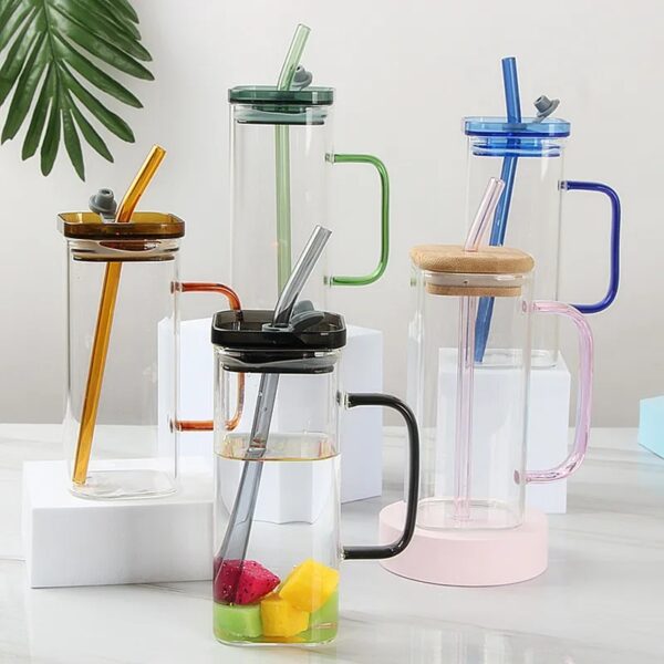 Multicolor Imported Square Glass Cup With Lid & Straw 400ML